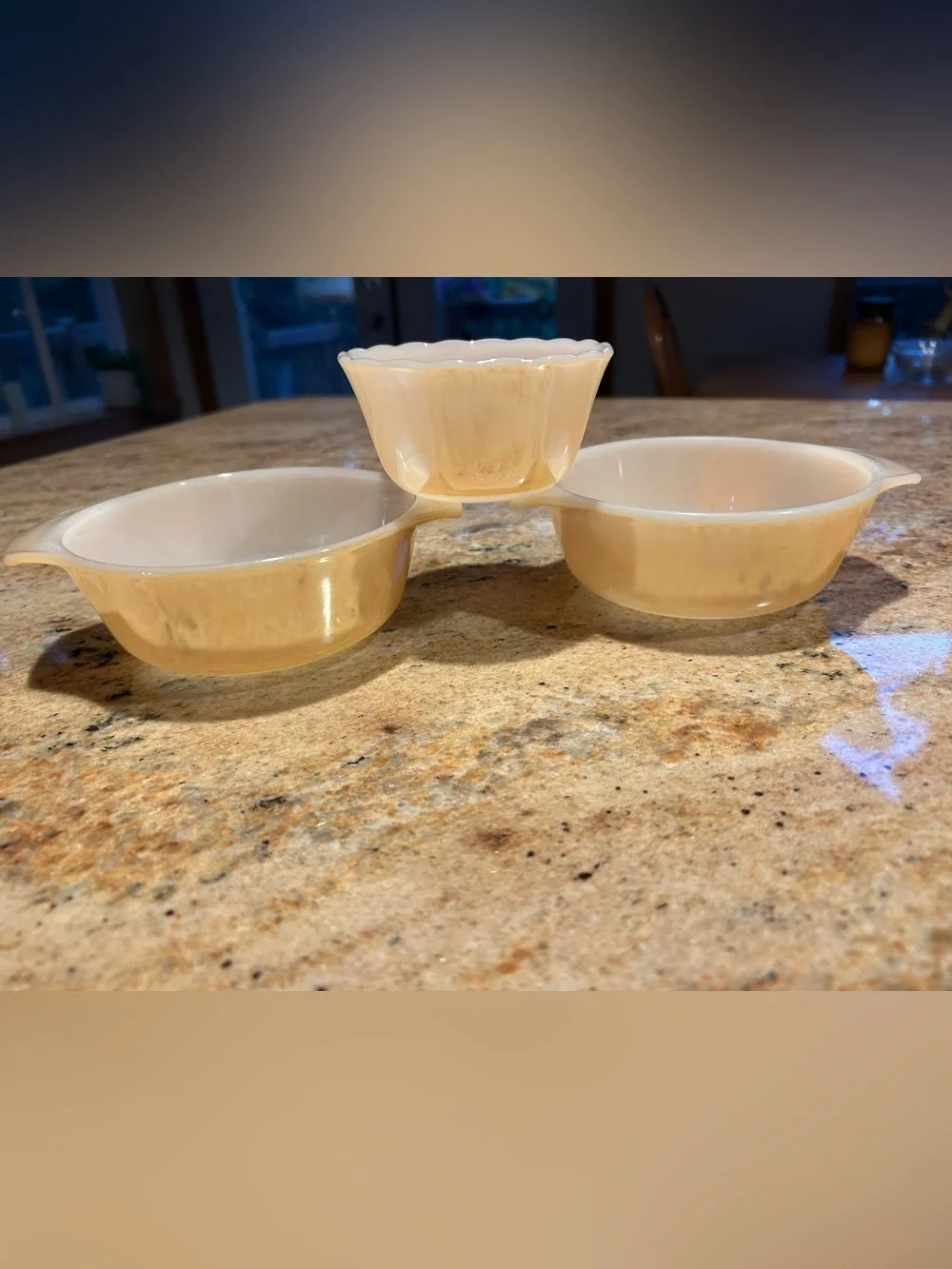 Fire King #472 Peach Lustre Set of 2 12oz Round Casserole + (1) 6oz Custard Cup